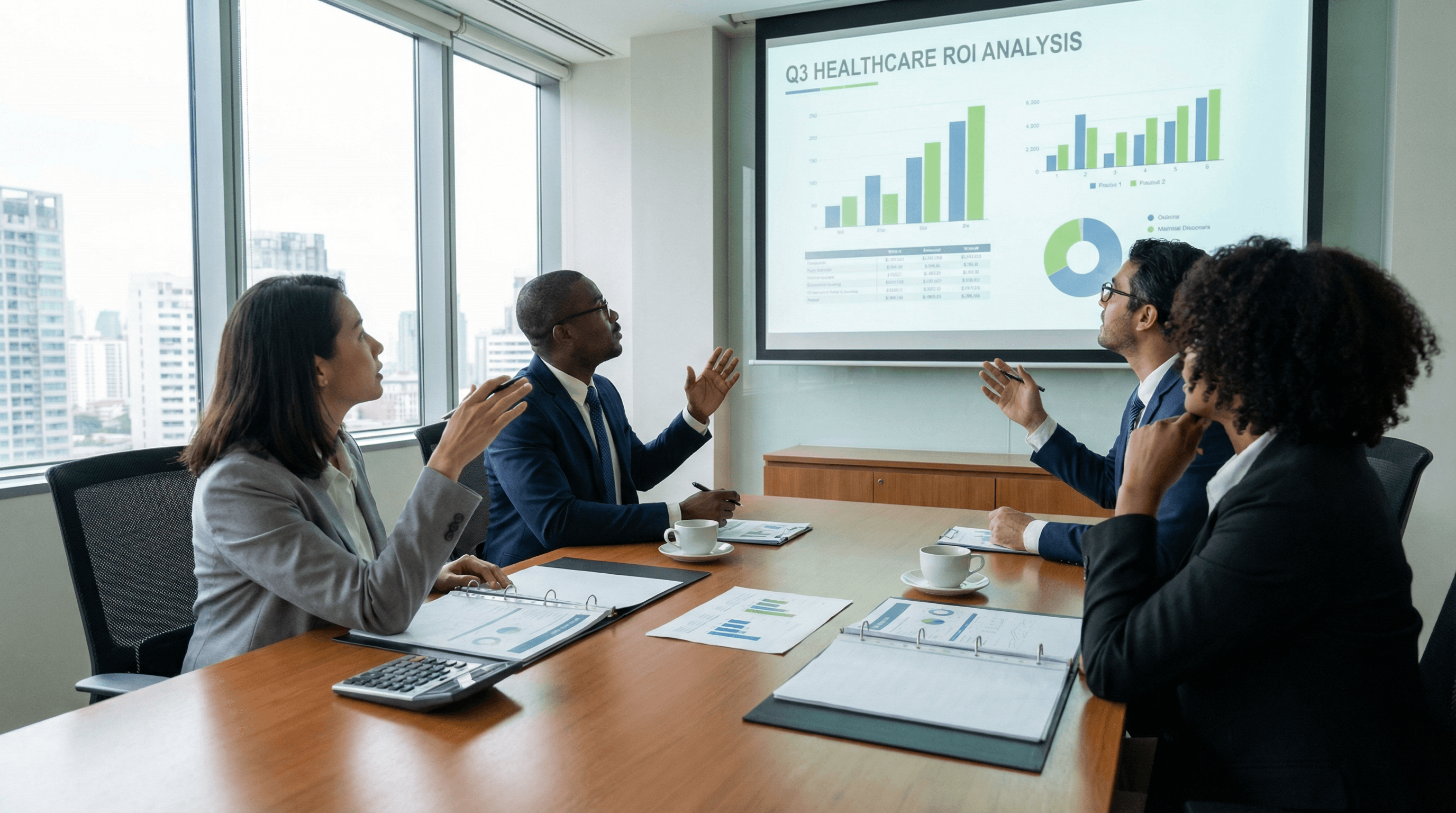 Healthcare executives reviewing ROI calculations for chatbot investment